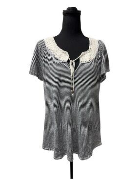 NWT Lucky Brand Crochet Trim Striped Boho Peasant Top XXL Navy Cream